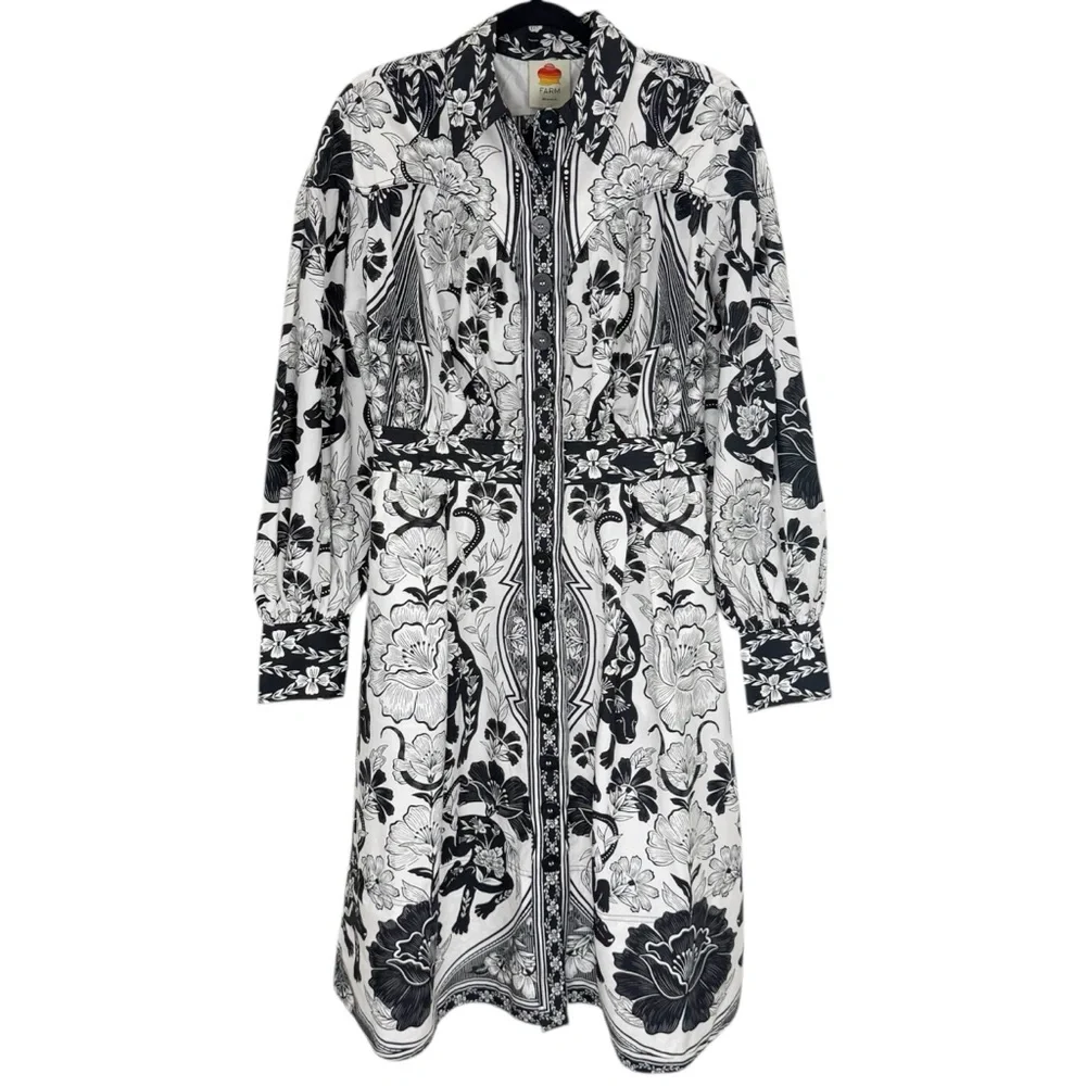 NWT FARM Rio Black and White Floral Midi Shirt Dress - Picture 2 of 15